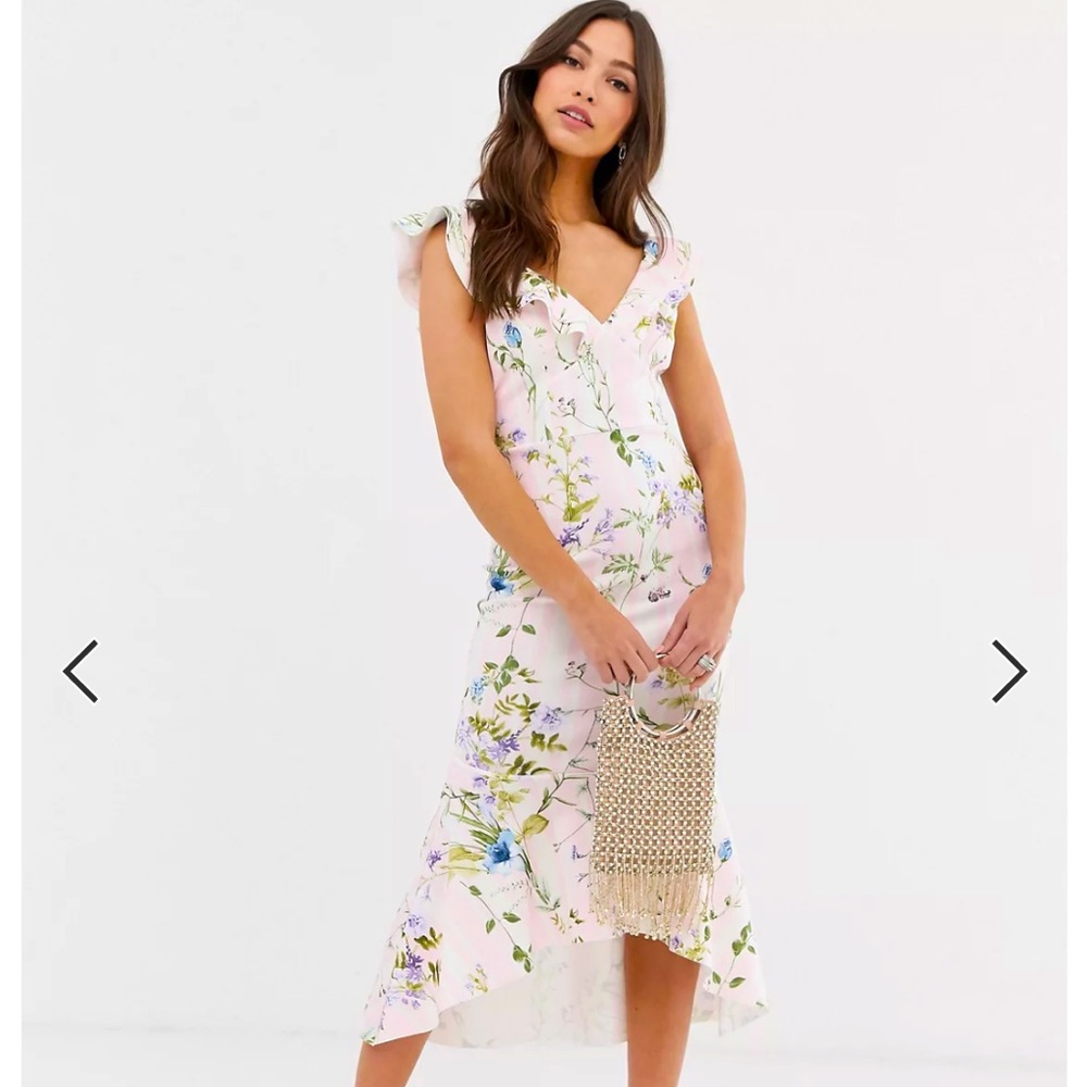 ASOS DESIGN light pink w Stripe floral printed ruffle midi dress